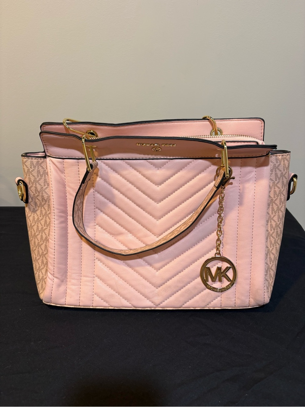 Michael Kors Blush Pink Quilted Chevron Shoulder Tote with MK Charm